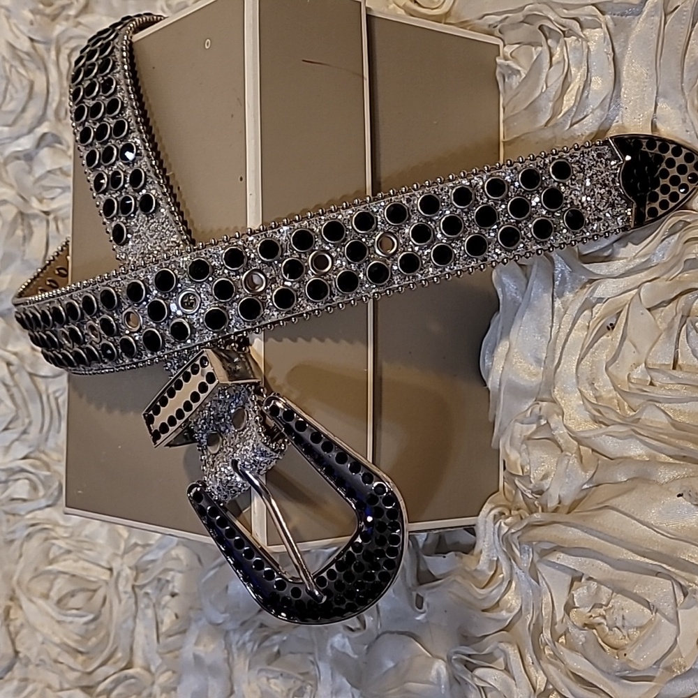 Rhinestone & Black Stud Grommet Womens Belt With Statement Buckle.